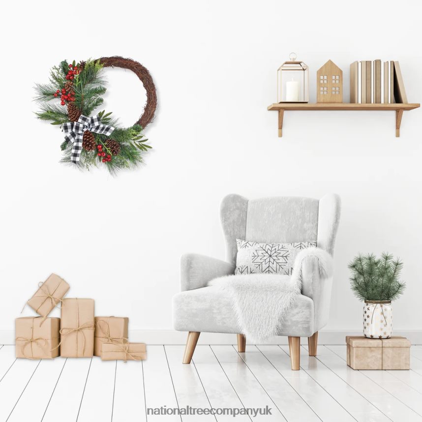 Greenery | National Tree Company Artificial Christmas Mixed Pine and Berries Wreath Decorated with Red Berries Pinecones and Black  White Plaid Bow Bristle Branch Tips 24 in F2L4F324
